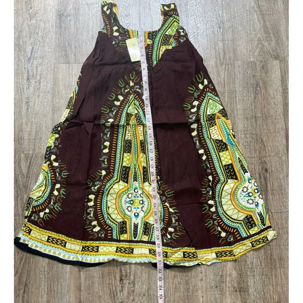 African Dashiki Print Short Sleeveless Sundress One Size Dark Brown